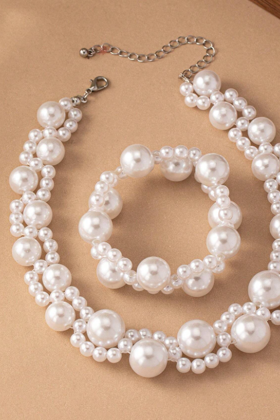 Double Layer Mixed Size Pearl Choker Necklace Bracelet Set Vintage Bridal Wedding Jewelry