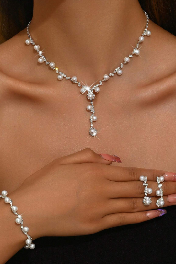 Lariat Pearl Crystal Bridal 3in1 Jewelry Set Silver Formal Jewelry