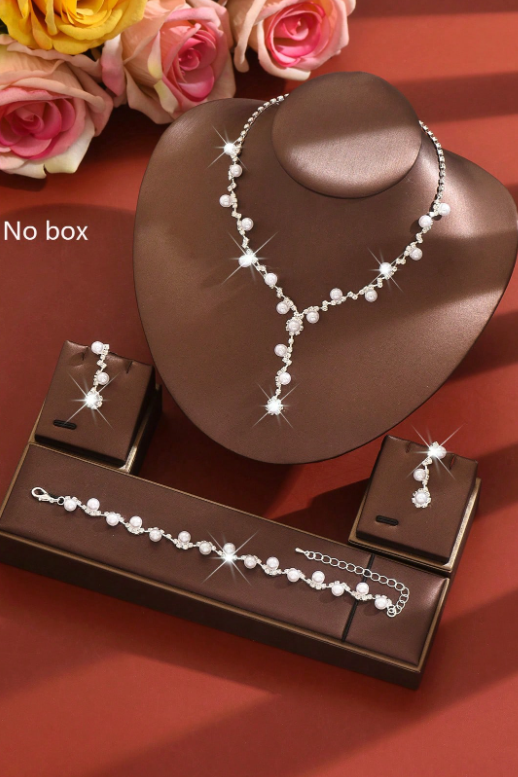 Lariat Pearl Crystal Bridal 3in1 Jewelry Set Silver Formal Jewelry