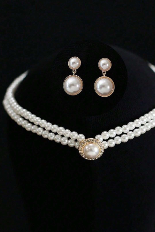 Vintage Pearl Choker & Two-Tier Pearl Earring Set Gold Wedding Jewelry