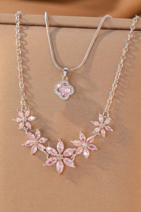 Dual Layer Pink Crystal Flower Clover Necklace Two Tone Option