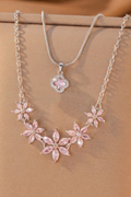 Dual Layer Pink Crystal Flower Clover Necklace Two Tone Option