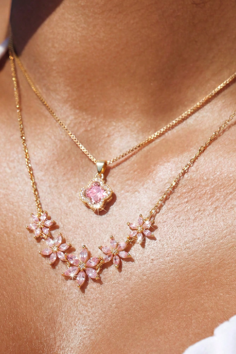 Dual Layer Pink Crystal Flower Clover Necklace Two Tone Option