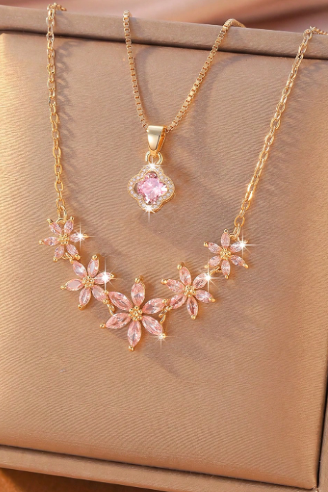 Dual Layer Pink Crystal Flower Clover Necklace Two Tone Option