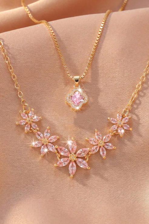 Dual Layer Pink Crystal Flower Clover Necklace Two Tone Option