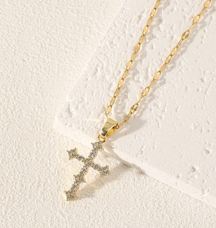 Dainty Crystal Cross Gold Necklace Sparkle Chain