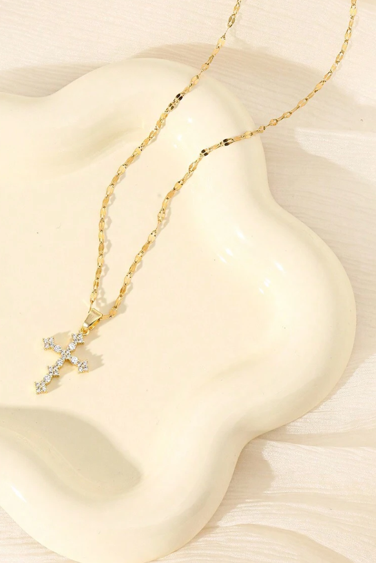 Dainty Crystal Cross Gold Necklace Sparkle Chain