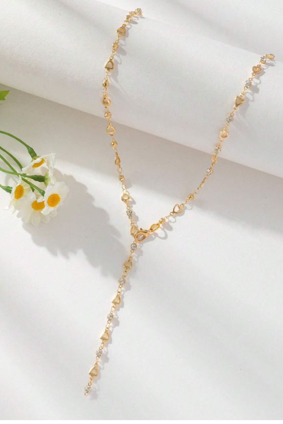 Gold Hollow Heart Chain Lariat Y-Necklace Inlaid Tiny CZ Dainty Body Chain Jewelry