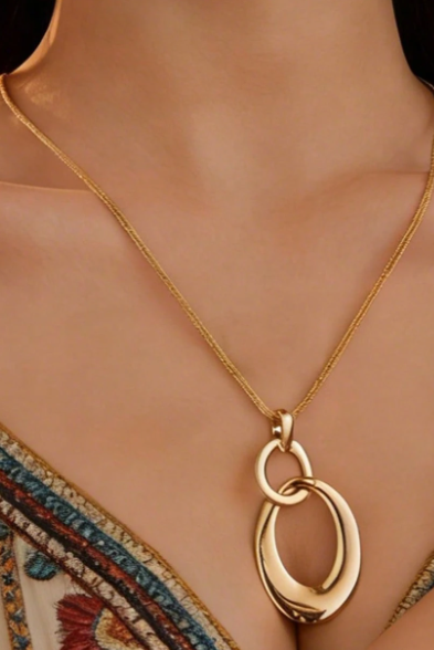 Modern Linked Oval Gold Pendant Long Necklace