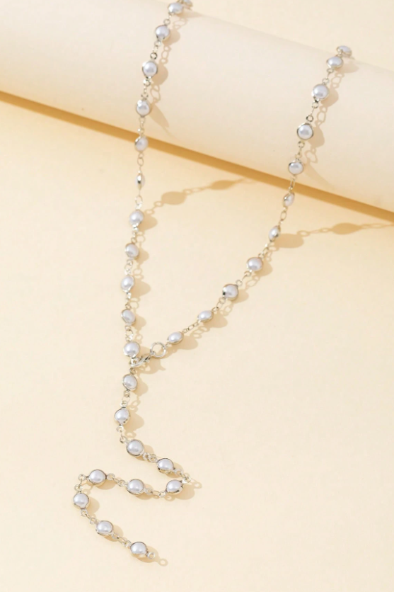 Silver Bezel Set Pearl Lariat Y-Necklace Full Pearl Station Chain Bridal Body Jewelry