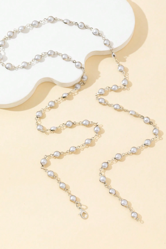Silver Bezel Set Pearl Lariat Y-Necklace Full Pearl Station Chain Bridal Body Jewelry