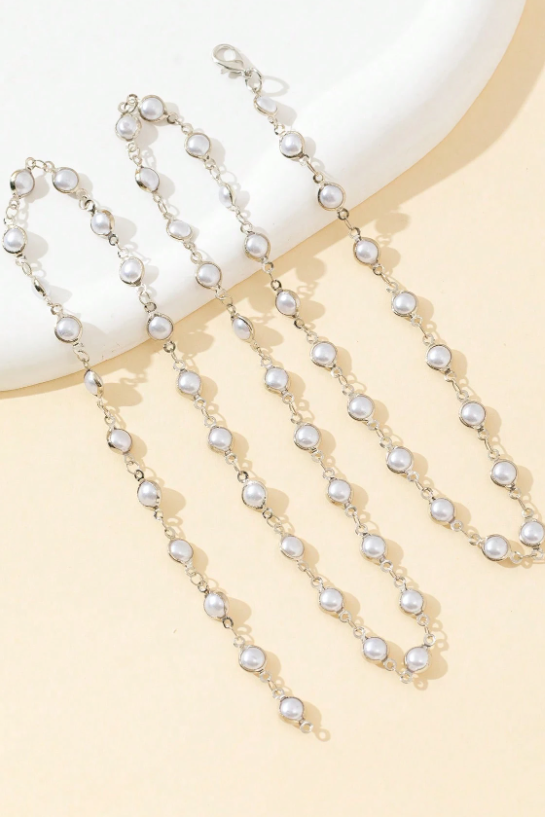 Silver Bezel Set Pearl Lariat Y-Necklace Full Pearl Station Chain Bridal Body Jewelry