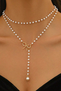 2-Tier Pearl Chain Necklace Gold Bow Y-Drop Pendant Dainty Romantic Layering Jewelry