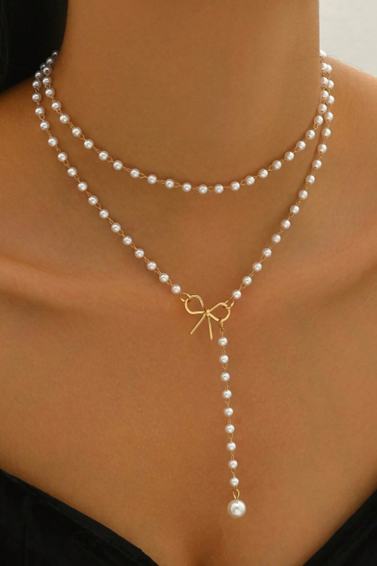 2-Tier Pearl Chain Necklace Gold Bow Y-Drop Pendant Dainty Romantic Layering Jewelry