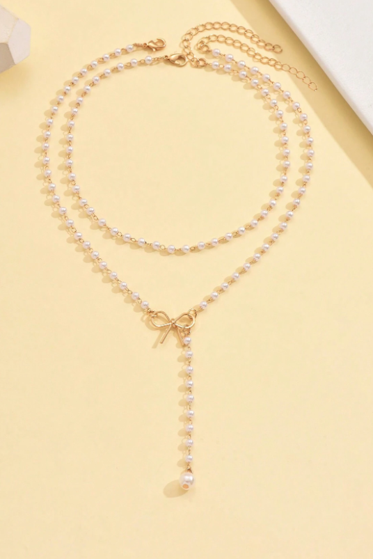 2-Tier Pearl Chain Necklace Gold Bow Y-Drop Pendant Dainty Romantic Layering Jewelry
