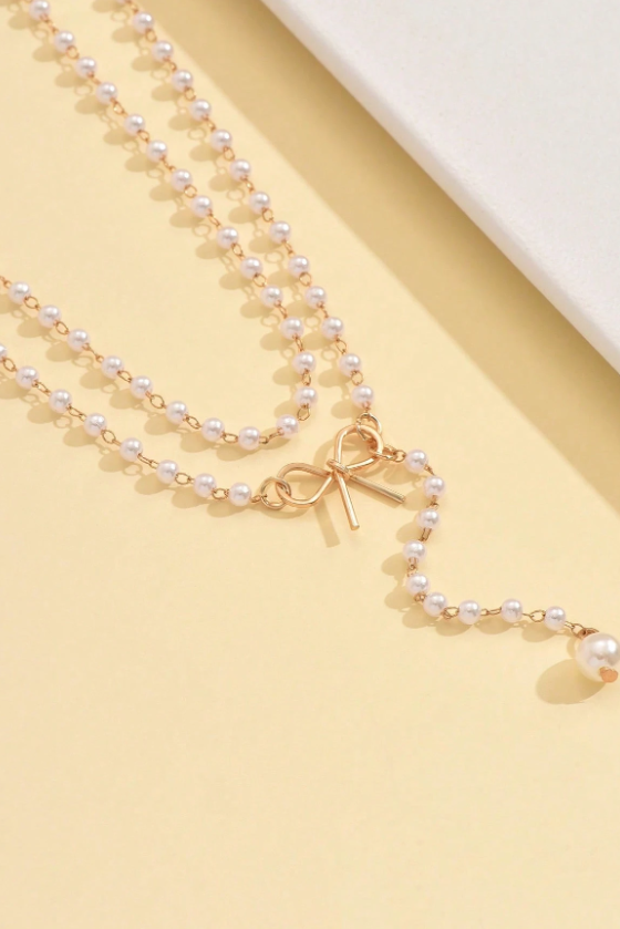 2-Tier Pearl Chain Necklace Gold Bow Y-Drop Pendant Dainty Romantic Layering Jewelry