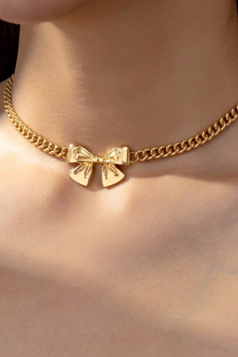 Chunky Gold Cuban Link Bow Choker Necklace