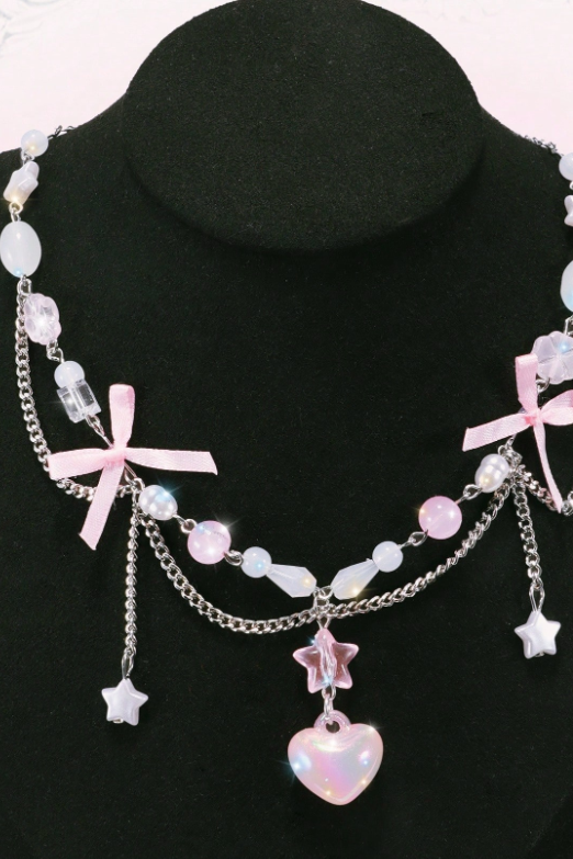 Sweet Pink Beaded Heart Star Bow Gothic Lolita Choker