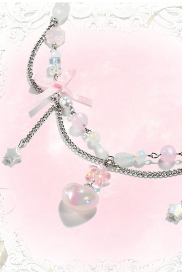 Sweet Pink Beaded Heart Star Bow Gothic Lolita Choker