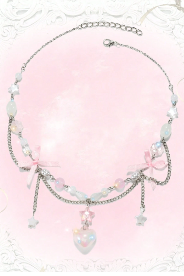 Sweet Pink Beaded Heart Star Bow Gothic Lolita Choker