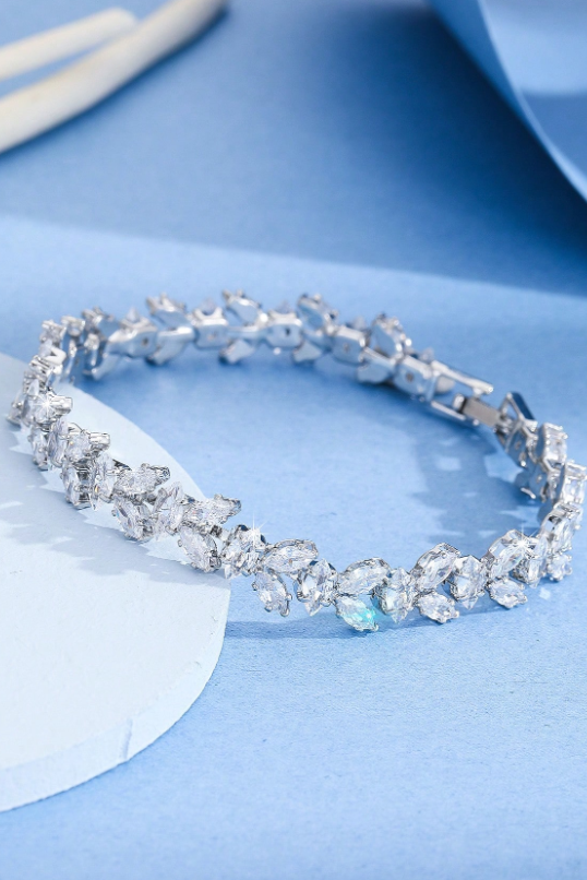 Silver Marquise Cut CZ Leaf Vine Tennis Bracelet Sparkling Wedding Bridal Wrist Jewelry