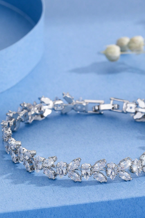 Silver Marquise Cut CZ Leaf Vine Tennis Bracelet Sparkling Wedding Bridal Wrist Jewelry