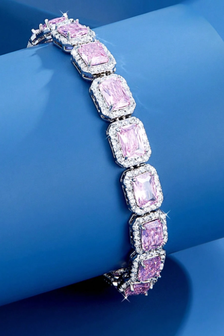 Halo Pink Emerald Cut Crystal Silver Tennis Bracelet