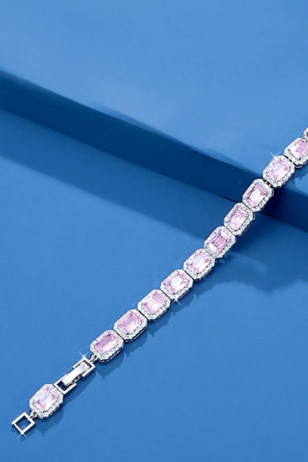 Halo Pink Emerald Cut Crystal Silver Tennis Bracelet