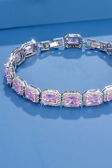 Halo Pink Emerald Cut Crystal Silver Tennis Bracelet
