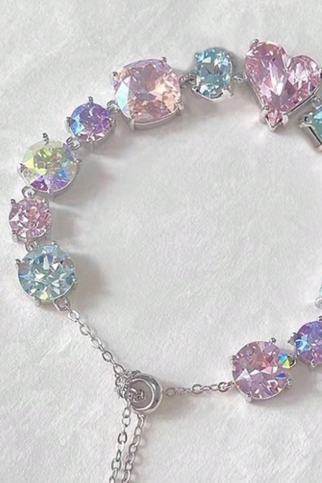 Pastel Multishape CZ Heart Pull Bracelet Rainbow Aurora Crystal Silver Adjustable Wrist Jewelry