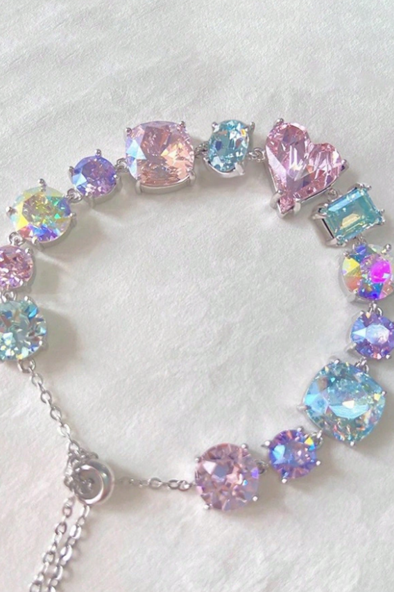 Pastel Multishape CZ Heart Pull Bracelet Rainbow Aurora Crystal Silver Adjustable Wrist Jewelry