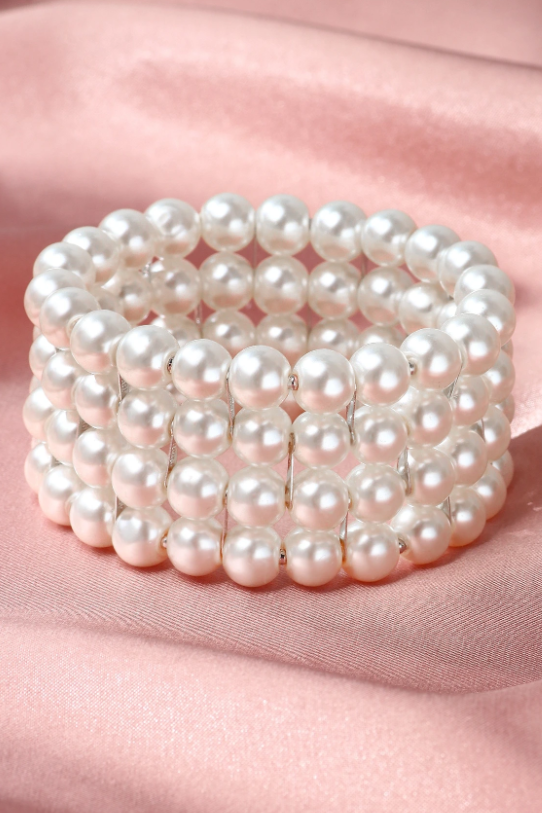 Multi Strand Coiled Wrap Pearl Bangle 4 Rows White Imitation Pearl Stretch Wedding Bracelet