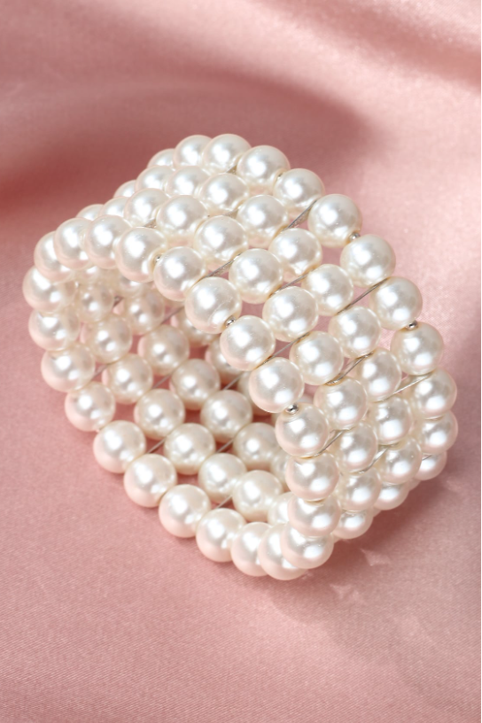 Multi Strand Coiled Wrap Pearl Bangle 4 Rows White Imitation Pearl Stretch Wedding Bracelet
