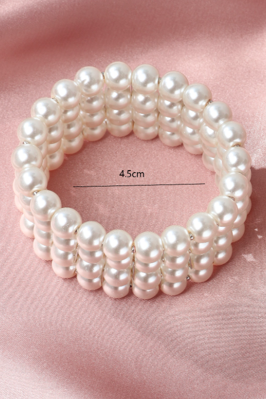Multi Strand Coiled Wrap Pearl Bangle 4 Rows White Imitation Pearl Stretch Wedding Bracelet