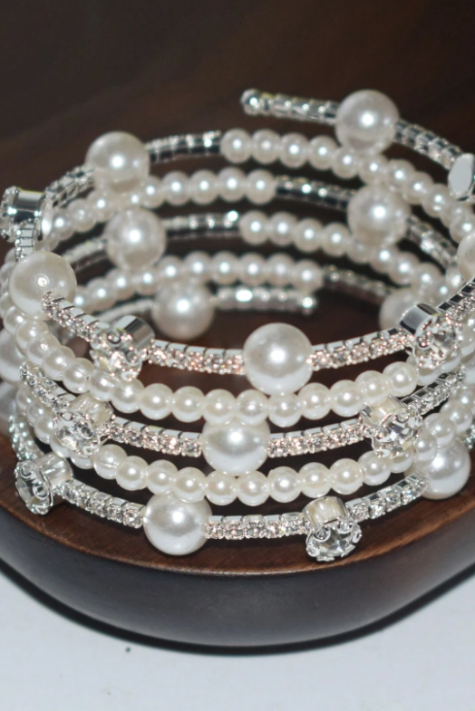 Multi-Layer Coil Wrap Bracelet Mix Pearl & Pave Rhinestone Silver Bridal Cuff
