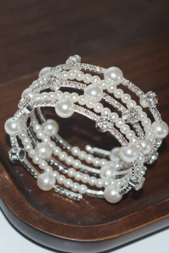 Multi-Layer Coil Wrap Bracelet Mix Pearl & Pave Rhinestone Silver Bridal Cuff