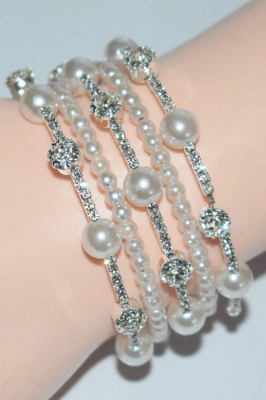 Multi-Layer Coil Wrap Bracelet Mix Pearl & Pave Rhinestone Silver Bridal Cuff