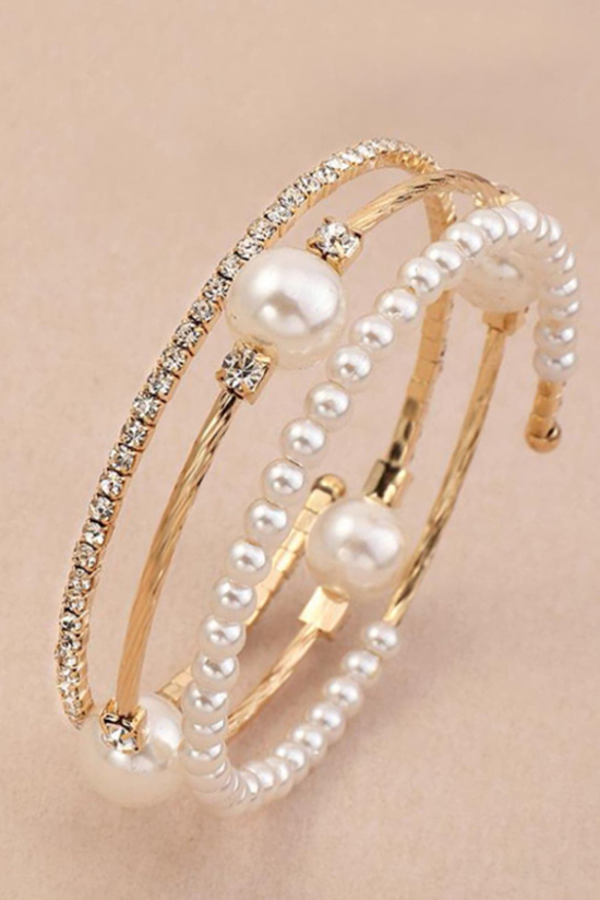Gold Open Cuff Bangle Dual Row Pearl & Pave Rhinestone Adjustable Wedding Bracelet