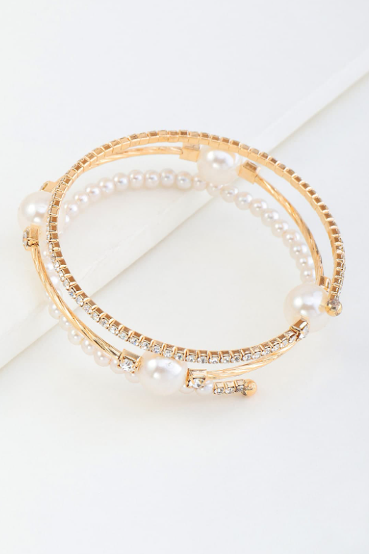 Gold Open Cuff Bangle Dual Row Pearl & Pave Rhinestone Adjustable Wedding Bracelet
