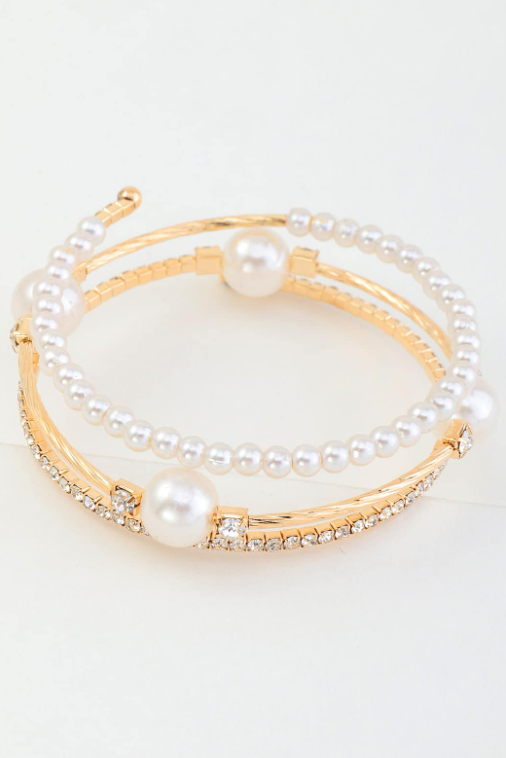 Gold Open Cuff Bangle Dual Row Pearl & Pave Rhinestone Adjustable Wedding Bracelet