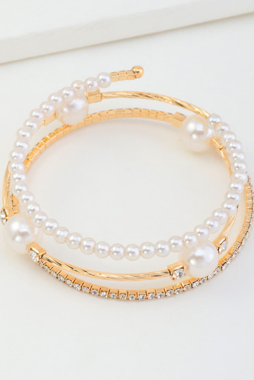 Gold Open Cuff Bangle Dual Row Pearl & Pave Rhinestone Adjustable Wedding Bracelet