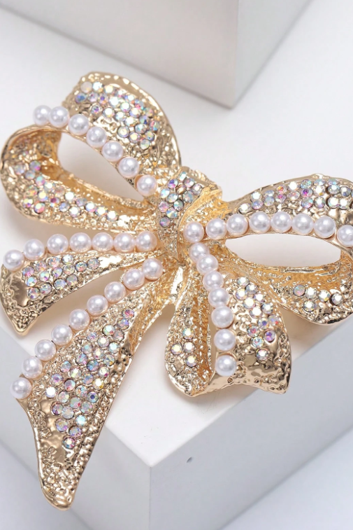 Gold Bow Brooch Pave AB Rhinestone Pearl Inlay Elegant Dress Lapel Pin Wedding Accessory