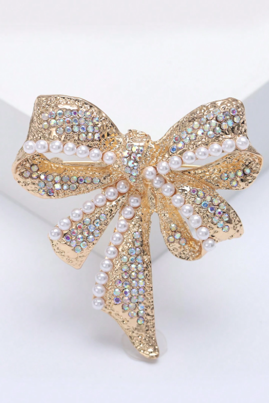 Gold Bow Brooch Pave AB Rhinestone Pearl Inlay Elegant Dress Lapel Pin Wedding Accessory
