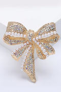 Gold Bow Brooch Pave AB Rhinestone Pearl Inlay Elegant Dress Lapel Pin Wedding Accessory