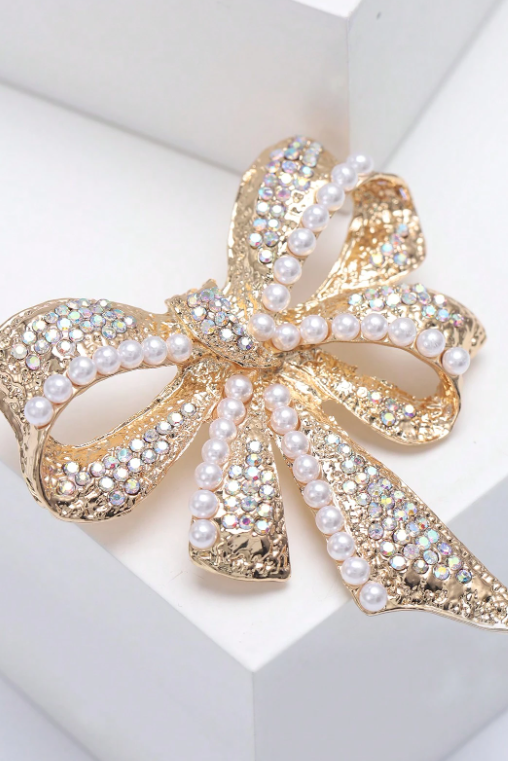 Gold Bow Brooch Pave AB Rhinestone Pearl Inlay Elegant Dress Lapel Pin Wedding Accessory
