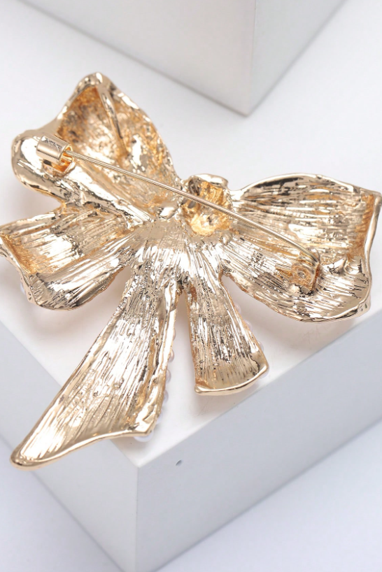 Gold Bow Brooch Pave AB Rhinestone Pearl Inlay Elegant Dress Lapel Pin Wedding Accessory