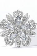 Silver Hollow Flower Brooch Marquise Clear Rhinestone Vintage Floral Lapel Pin Bridal Shawl Clip