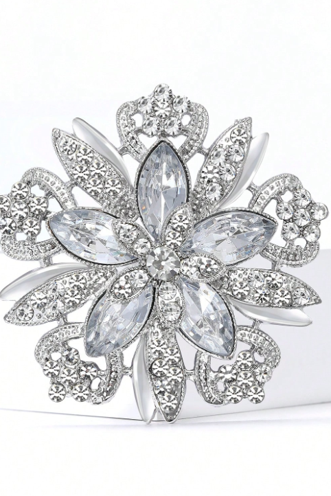 Silver Hollow Flower Brooch Marquise Clear Rhinestone Vintage Floral Lapel Pin Bridal Shawl Clip
