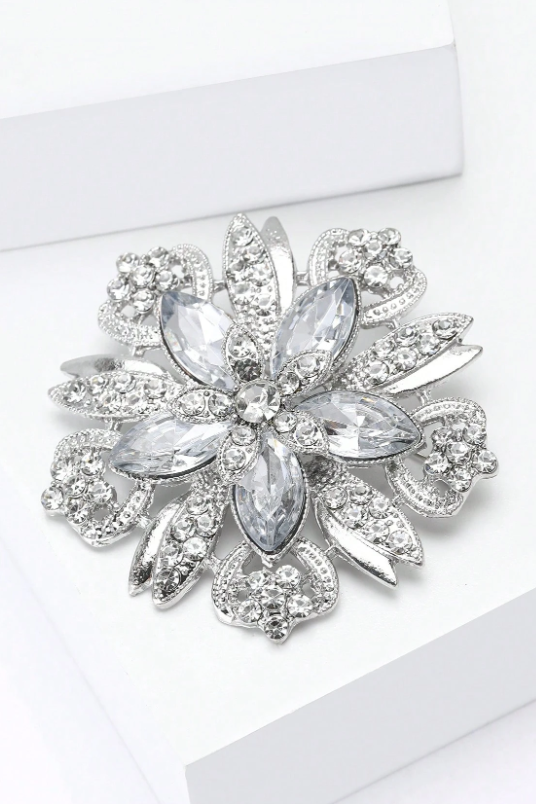 Silver Hollow Flower Brooch Marquise Clear Rhinestone Vintage Floral Lapel Pin Bridal Shawl Clip