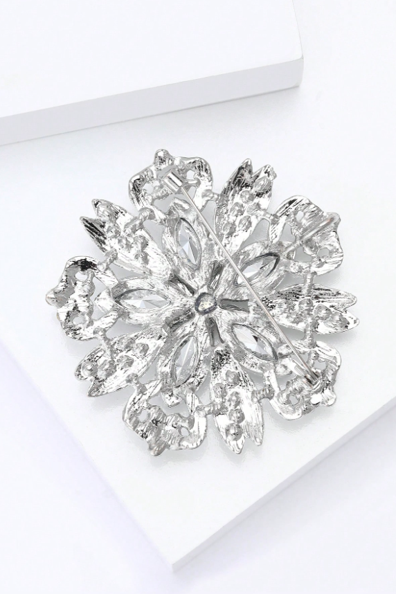 Silver Hollow Flower Brooch Marquise Clear Rhinestone Vintage Floral Lapel Pin Bridal Shawl Clip